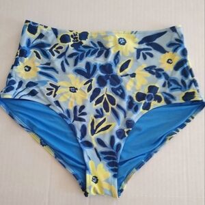 Aerie Blue and Yellow Tropical Floral High-Waisted Bikini Bottom Sz Med
